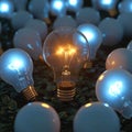 Brilliant growth 3D glowing bulb rises above unlit incandescents