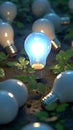 Brilliant growth 3D glowing bulb rises above unlit incandescents