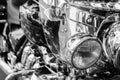 Brilliant headlight motorcycle on a blurry black and white background