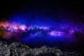 The brilliant Milky Way starry sky shining over the devastated rocky terrain. Royalty Free Stock Photo