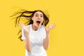 Portrait of beautiful woman isolated on yellow studio background