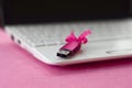 Brilliant pink usb flash memory card with a pink bow lies on a blanket of soft and furry light pink fleece fabric beside to a whi