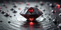 A brilliant red gemstone rests on a dark, reflective surface surrounded by smaller gems and water droplets. Generative AI Royalty Free Stock Photo