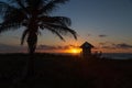 Brilliant sunrise over the Atlantic Ocean with palm tree and lifeguard hut.
