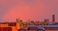 A brilliant sunset colors downtown Lubbock, Texas