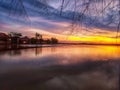 a brilliant sunset panorama on the rice field bunds