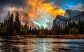 Brilliant Sunset on Yosemite Valley View, Yosemite National Park, California Royalty Free Stock Photo