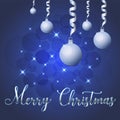 Brilliant Vector illustration of Stars and sparkles on blue background, with Christmas decorations, balls, hand lettering merry Royalty Free Stock Photo