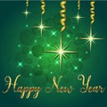 Brilliant Vector illustration of Stars and sparkles on green background and hand lettering congratulation happy new year, fond for