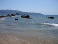 Brilliant view of rocks at bay of ACAPULCO city in Mexico with Pacific Ocean waves on sandy beach landscape Royalty Free Stock Photo