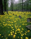 A brilliant yellow sea of dandelions blanketing a forgotten graveyard and a forgotten war. Abandoned landscape. AI