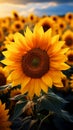 Brilliant yellow sunflowers sway in a sunny meadow.