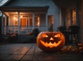 glowing elaborately decorated pumpkin with an evil expression in front of a house in honor of Halloween