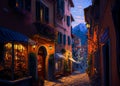 early evening on a narrow street in a quaint charming European town