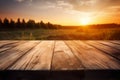 Bring the beauty of nature indoors with this breathtaking summer spring sunset landscape on a wooden table, AI generated