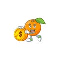 Bring coin orange fruit cartoon mascot on white background