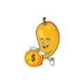 Bring coin ripe mango character cartoon on white background
