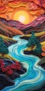 Create A Surreal 3d Paper Quilling Painting Of A Tumultuous Cascading River At Sunset In The Alps