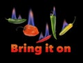 Bring it on. Here are hot spicy hot peppers Peppers so hot they are flaming sand are seen in this 3-d illustration