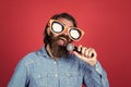 Bring music to life. performer having fun. mature bearded man in funny party glasses sing song. brutal male hipster with Royalty Free Stock Photo