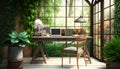 Home office with a garden indoors with a laptop on a rustic table, surrounded by greenery, fresh air.