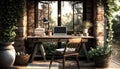 Home office with a garden indoors with a laptop on a rustic table, surrounded by greenery, fresh air.