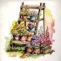 Springtime Serenity: Watercolor Garden Ladder Filled with Pastel Blossoms AI Generated