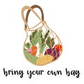 Bring your own bag - lettering. eco bag with vegetables: carrot, tomato, onion. Flat cartoon vector illustration for print or Royalty Free Stock Photo