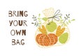 Bring your own bag. Shopping net full of vegetables, fruits Zero waste concept. No plastic. Hand drawn vector