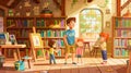 Bringing books to life: little children in a library stand at book shelves with a teacher and an easel at a desk in a Royalty Free Stock Photo