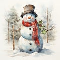 Bringing the holiday magic to life, a watercolor illustration features Frosty the Snowman