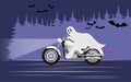 Bringing on a motorcycle to rush from the forest to Halloween against the backdrop of the night forest and bats. Vector