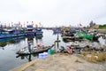 Bringing water and food for Vietnamese fishermen living on boats on the sea in Da Nang, Vietnam