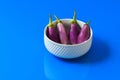 Brinjal vegetable isolated in white cup on blue background closeup