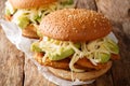 Brioche Cemita Poblana sandwich with meat, cheese and vegetables close-up. horizontal Royalty Free Stock Photo