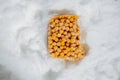 Briquettes of frozen sea buckthorn berries on a grinded ice. top view. Royalty Free Stock Photo