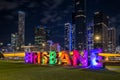 Brisbane, Australia - Illuminated Brisbane sign with the city in the background