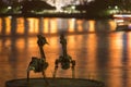 Brisbane, Australia - 23rd April, 2016: View of two metal pelican sculptures and Brisbane river on the 23rd of April 2016.