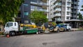 Brisbane, Queensland, Australia - Mar 4, 2022: Water pumping machines pump out water from the flooded building basement Royalty Free Stock Photo