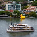 A paddle-steamer sails past a large yellow rubber duck