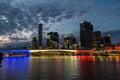 Brisbane skyline illuminated in French colours celebrating Bastille Day.