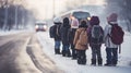 Youngsters eagerly anticipate the school bus in chilly weather.AI Generated