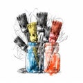 bristly brushes in colored paint in glass jars on a white background