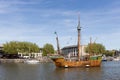 Replica wooden galleon on the River Avon in Bristol on May 14, 2019. Unidentified people