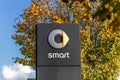 Bristol , UK - November 03, 2023:Smart car logo in autumn. Smart is a German automotive marque established by Mercedes Royalty Free Stock Photo