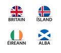 Britain, Iceland, Ireland and Scotland. Set of four British, Icelandic, Irish and Scottish stickers. Simple icons with flags Royalty Free Stock Photo