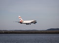 British Airways Airbus 380 airplane landing in Boston after a flight from London Royalty Free Stock Photo