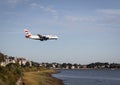 British Airways Airbus 380 airplane landing in Boston after a flight from London Royalty Free Stock Photo