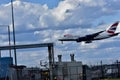 A British Airways airplane about to land