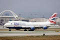 One World British Airways Boeing B747 plane taking off from Los Angeles Airport LAX Royalty Free Stock Photo